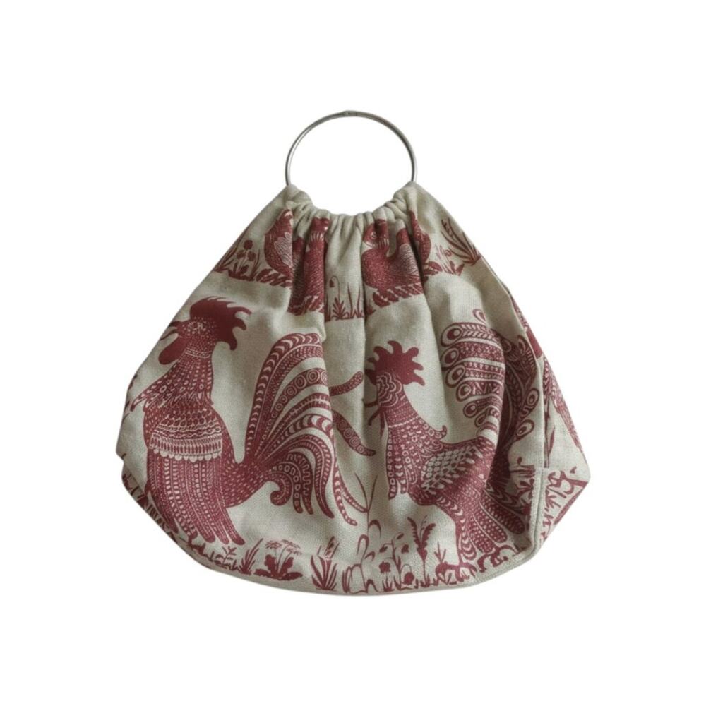 Vintage Rooster Bird Tapestry Ring Handle Bag Removable Cream Red Large - Picture 3 of 16